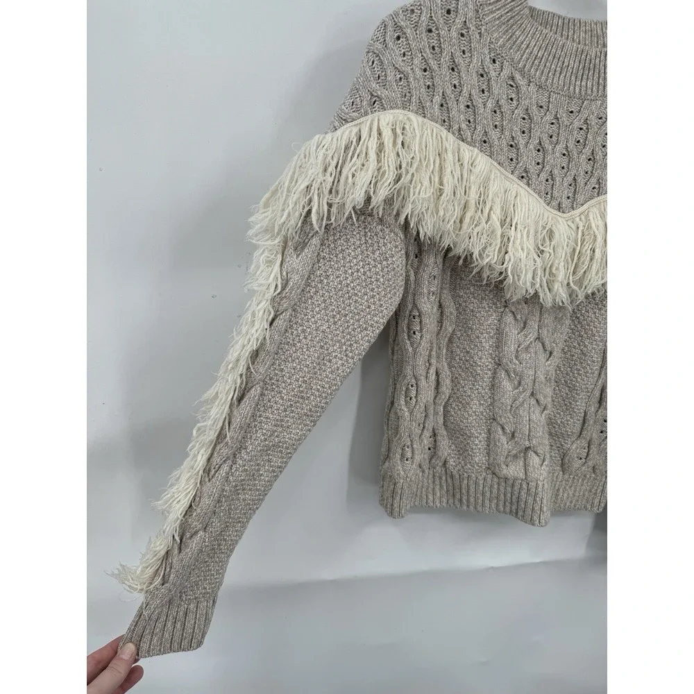 Amur Sweater Women Large Gray Cable Knit Western Fringe Fisherman‎ Sweater Wool